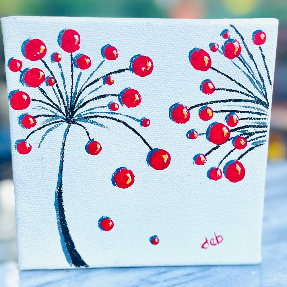 Hand-Painted Abstract Red and Navy Floral Art on Stretched Canvas - CHARMING!